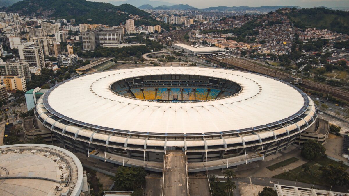 A breathtaking aerial view of Maracanã Stadium in Rio de Janeiro, showcasing its iconic circular str
